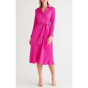 Tahari ASL Pink Satin Wrap Midi Dress 18W Plus Size Long Sleeve Belted